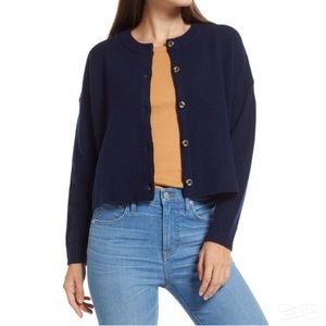 Madewell Clemence Cropped Cardigan Sweater Wool Blend Navy Blue Rib Boxy L 10-12